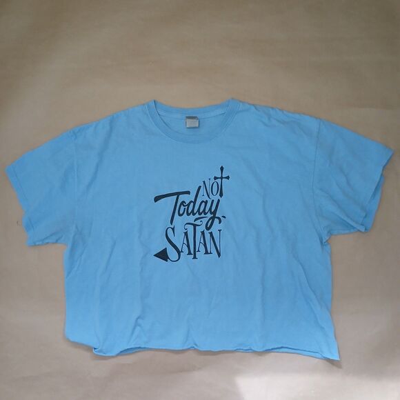 Cropped T-Shirt Not Today Satan Blue Crew Neck Raw Hem Graphic Tee Humor - Picture 1 of 7